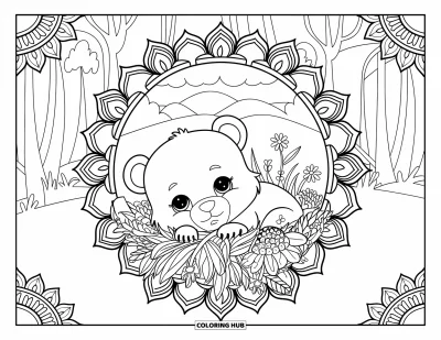 Bärenbaby-Ausmalbild für Erwachsene: Bärenbaby ruht in Wildblumen und Klee inmitten einer Waldszene
