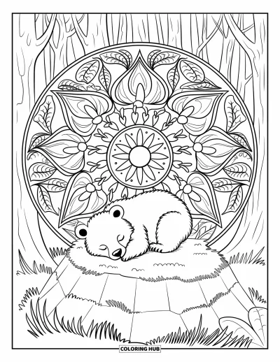 Bärenbaby-Ausmalbild für Erwachsene: Bärenbaby ruht auf einem Stein, umgeben von einem Wald-Mandala aus Ranken