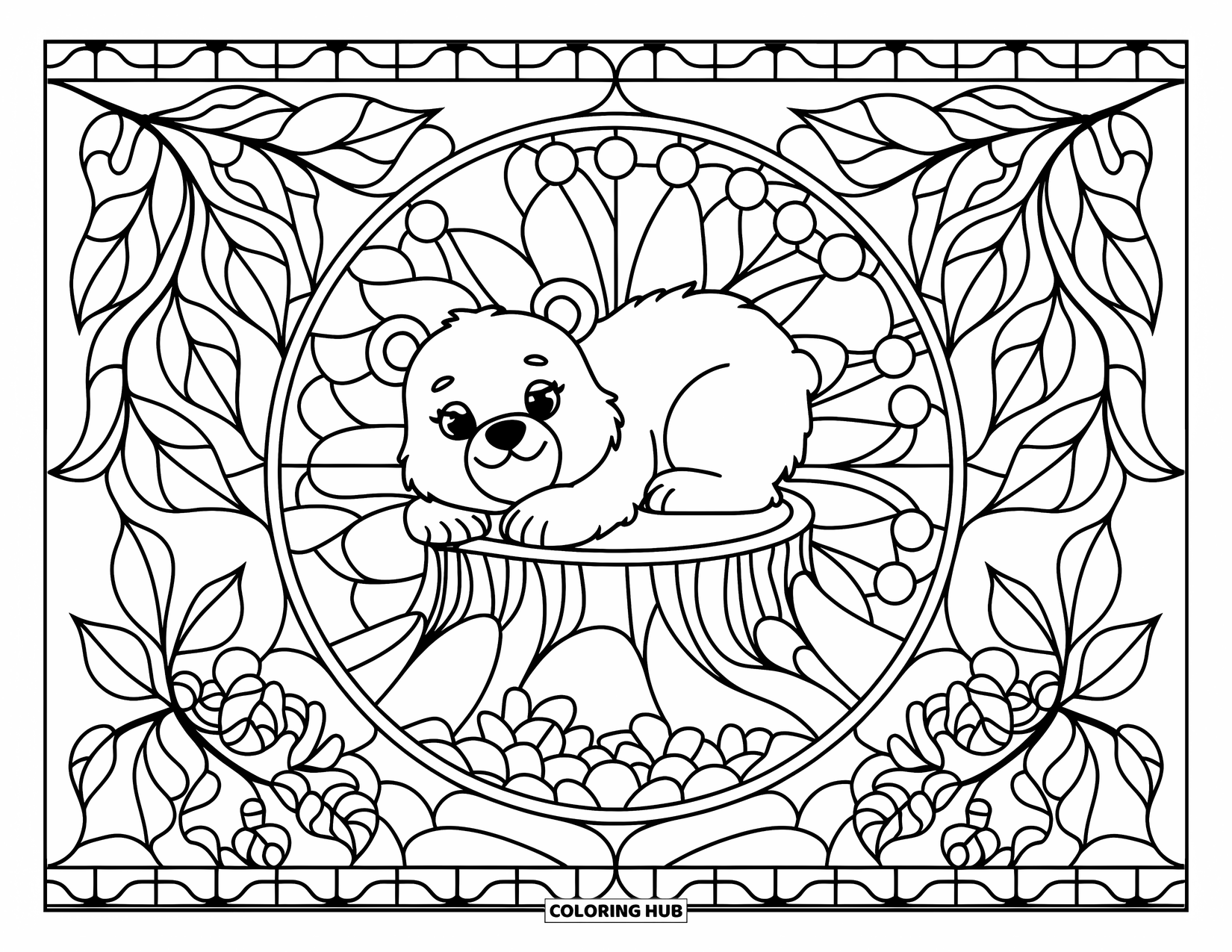 Baby Bear Coloring Page for Adults: Baby bear resting on a stump surrounded by stained glass vines and flowers