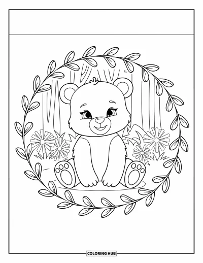 Bärenbaby-Ausmalbild für Erwachsene: Bärenbaby sitzt friedlich in Blumen mit belaubten Walddetails