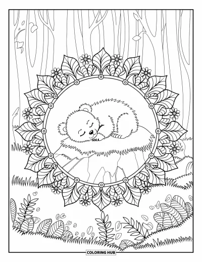 Bärenbaby-Ausmalbild für Erwachsene: Schlafendes Bärenbaby auf einem moosigen Stein, eingerahmt von einem botanischen Mandala