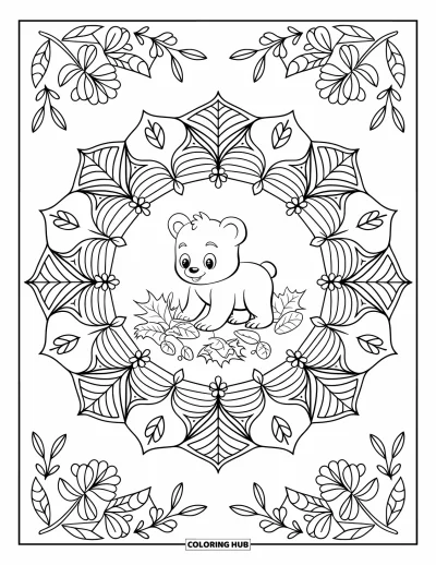 Bärenbaby-Ausmalbild für Erwachsene: Bärenbaby mit gefallenen Blättern, eingerahmt von einem Blumen-und-Ranken-Mandala