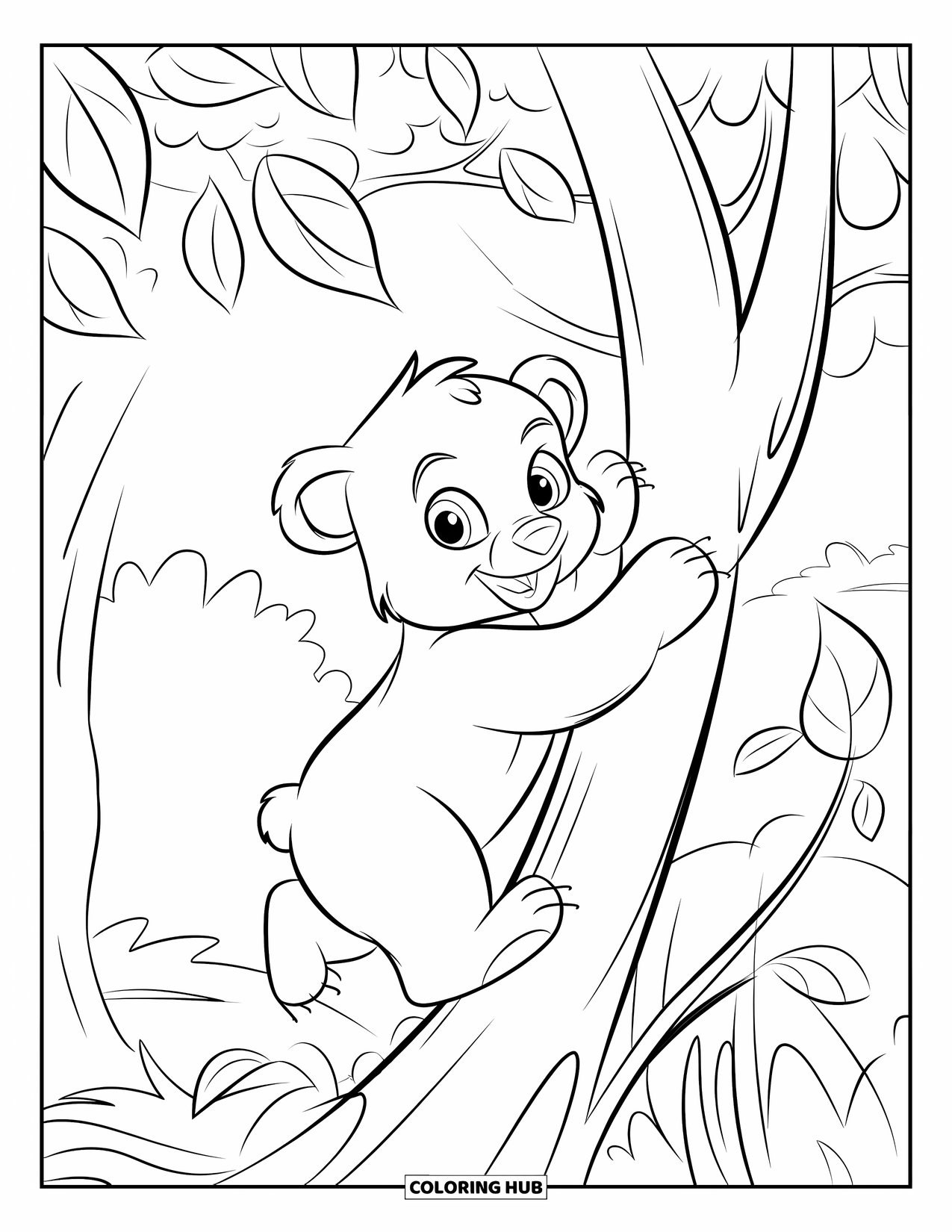 Baby Bear Coloring Page for Kids: A baby bear climbs halfway up a tree surrounded by swirling leaves