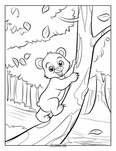 Bärenbaby-Ausmalbild für Kinder: Ein Bärenbaby klettert halb einen Baum hinauf, während Blätter in der Luft wirbeln