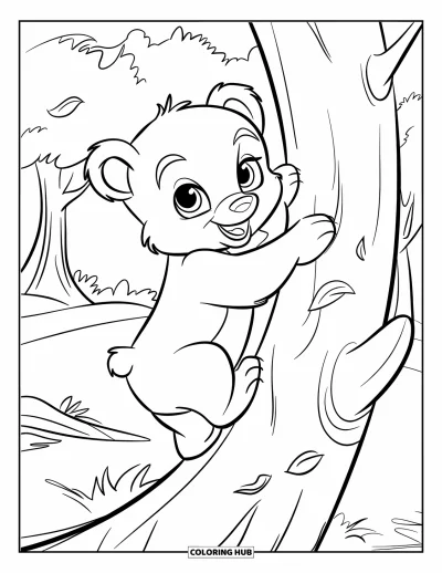 Bärenbaby-Ausmalbild für Kinder: Ein Bärenbaby klettert halb einen Baum hinauf, überall wirbeln Blätter