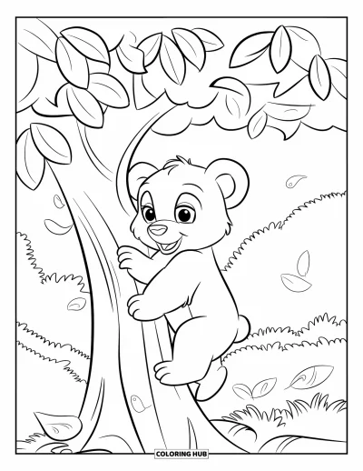 Bärenbaby-Ausmalbild für Kinder: Ein Bärenbaby klettert einen belaubten Baum hinauf, Waldblätter wirbeln umher