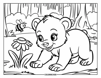 Bärenbaby-Ausmalbild für Kinder: Ein Bärenbaby mit Hut krabbelt zu einer Blume, während eine Biene darüber summt