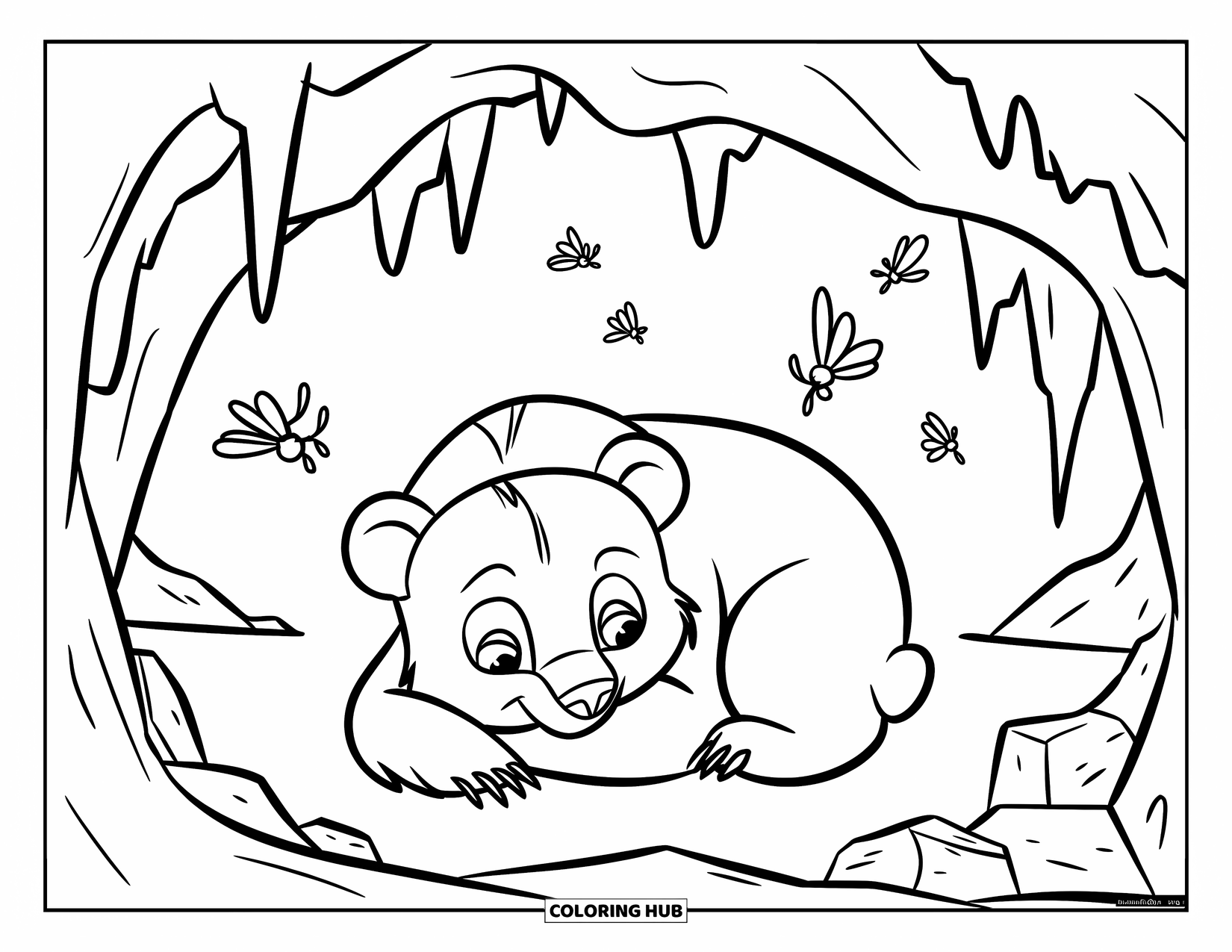 Baby Bear Coloring Page for Kids: A baby bear curls in a cave surrounded by floating fireflies