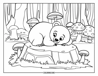 Bärenbaby-Ausmalbild für Kinder: Ein Bärenbaby rollt sich auf einem moosigen Stein zusammen, umgeben von Pilzen im Wald