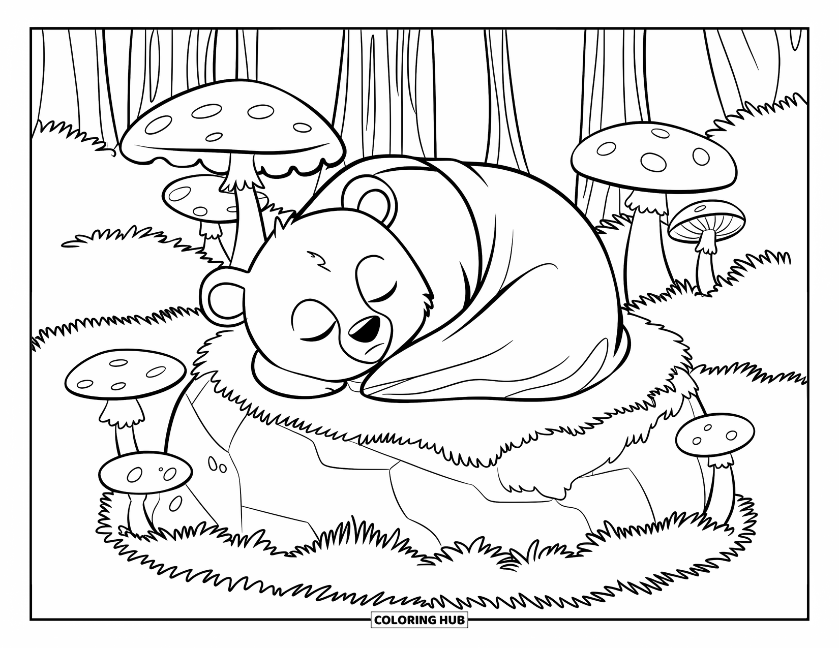 Baby Bear Coloring Page for Kids: A baby bear curls on a mossy rock, wrapped in a blanket with mushrooms nearby
