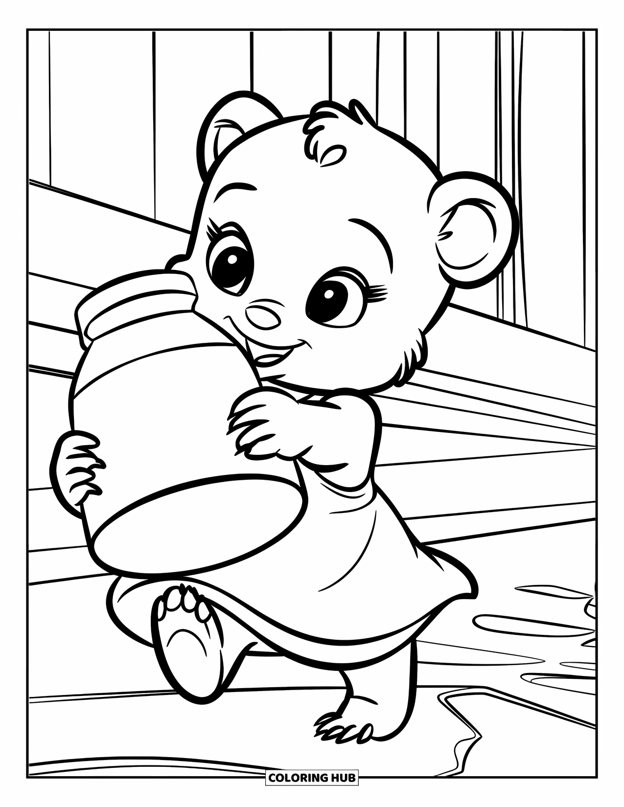 Baby Bear Coloring Page for Kids: A baby bear in a dress holds a giant honey jar with both paws