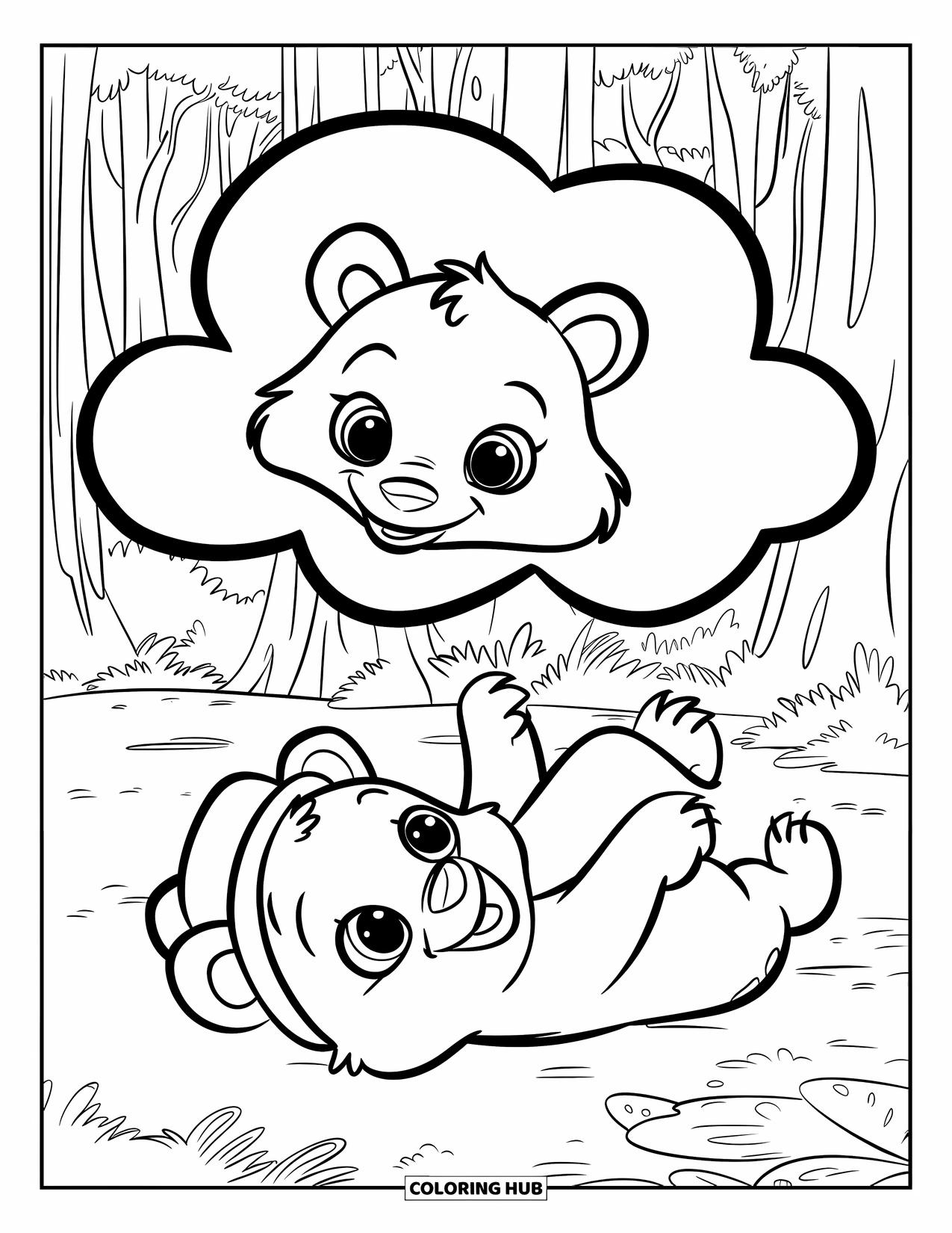 Baby Bear Coloring Page for Kids: A baby bear in a hat lies on its back gazing at a bear-shaped cloud
