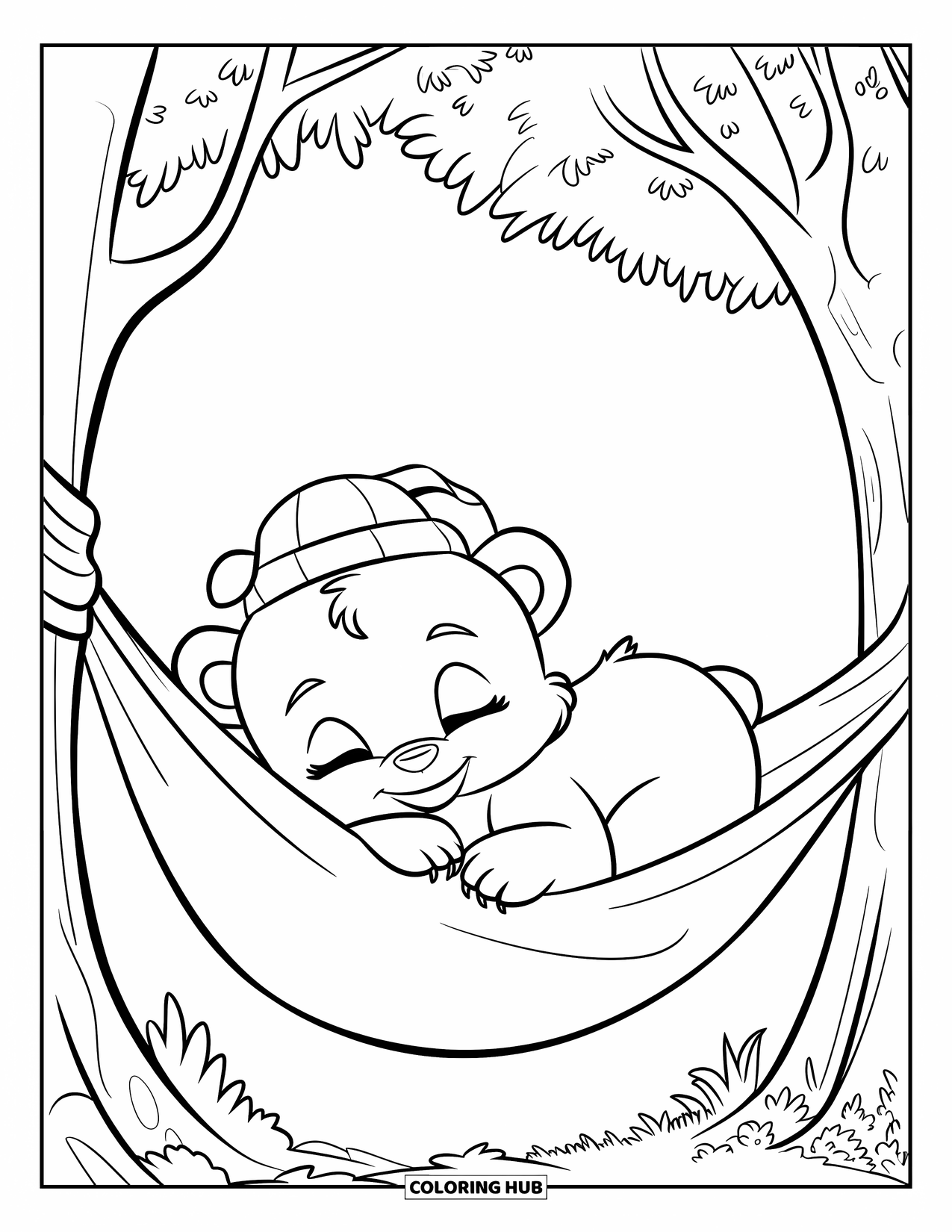 Baby Bear Coloring Page for Kids: A baby bear in a hat naps in a hammock tied between two trees