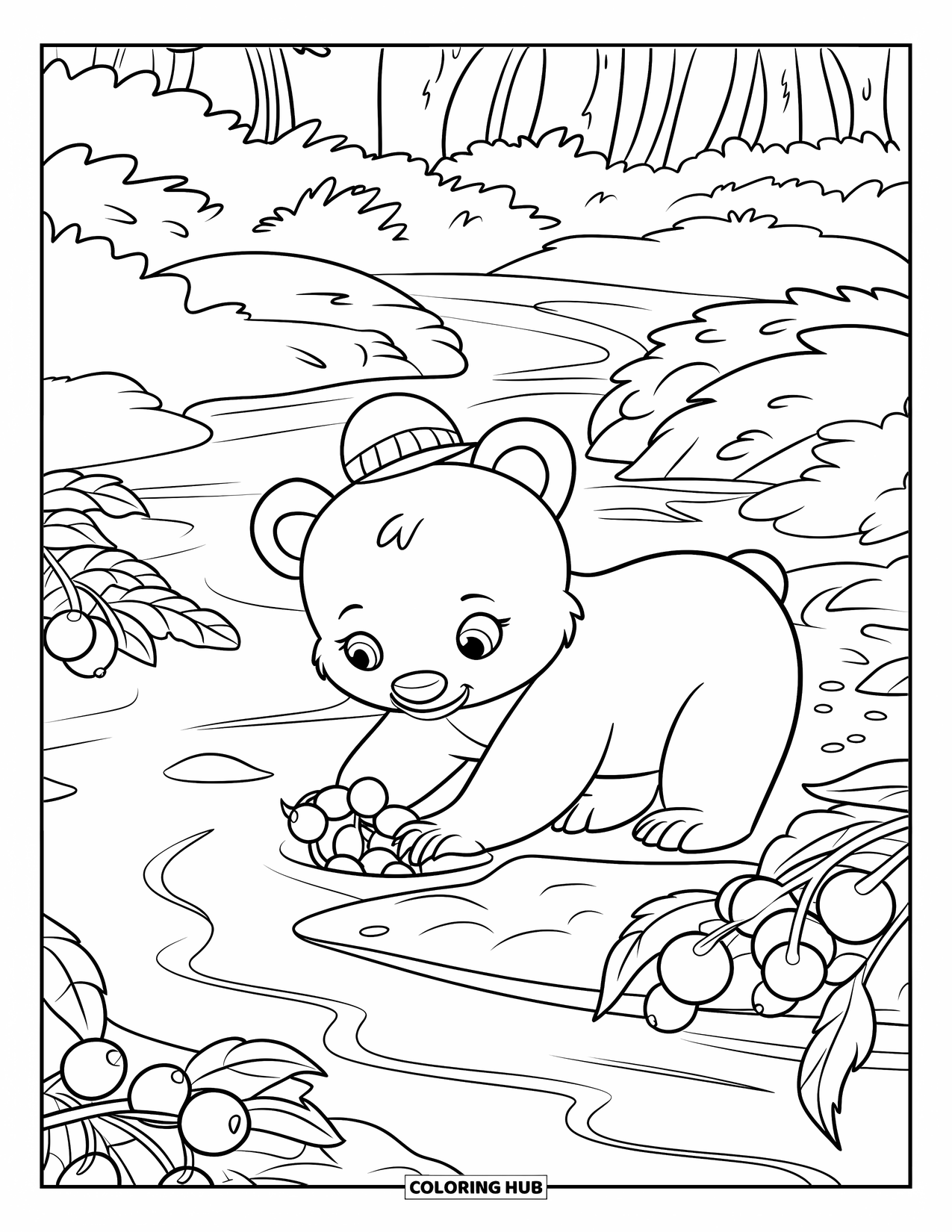 Baby Bear Coloring Page for Kids: A baby bear in a hat picks berries near a stream in the woods