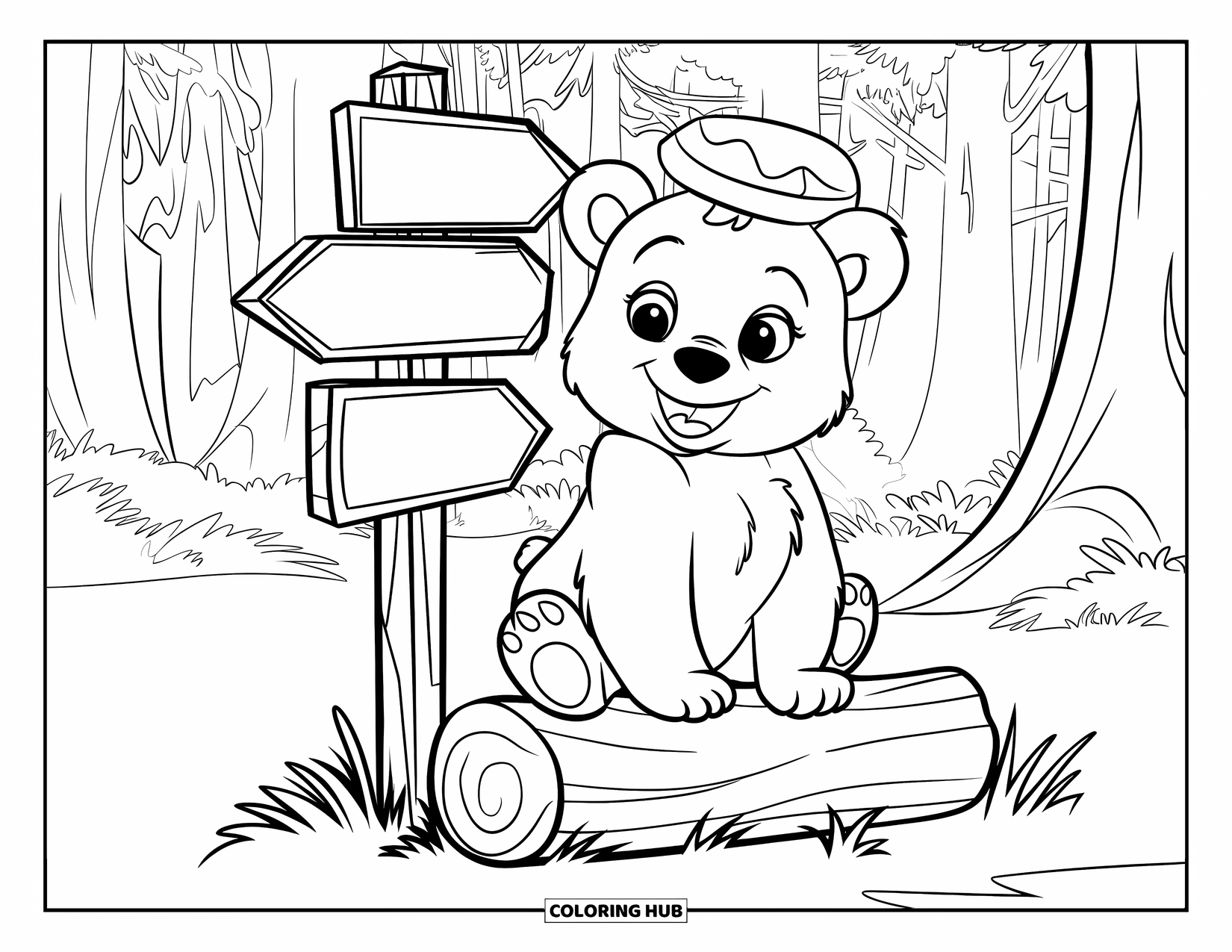 Baby Bear Coloring Page for Kids: A baby bear in a hat sits on a log beside a wooden signpost