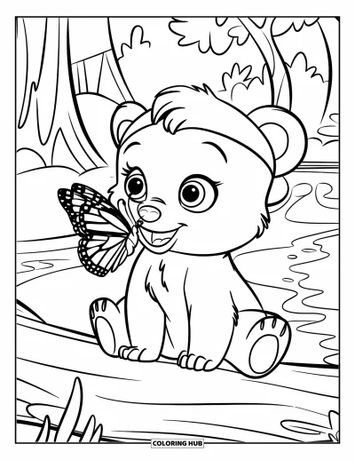 Bärenbaby-Ausmalbild für Kinder: Ein Bärenbaby mit Hut sitzt auf einem Baumstamm, in der Nähe ein Schmetterling