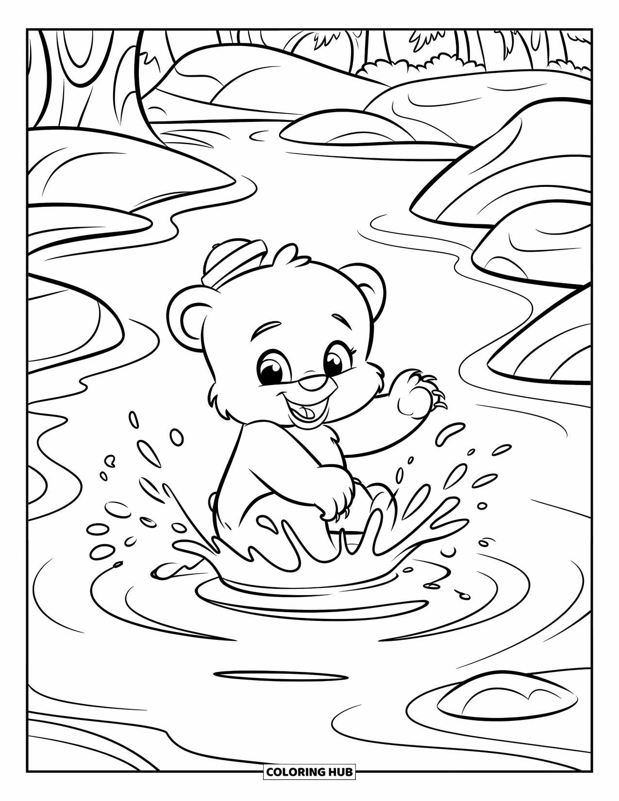 Baby Bear Coloring Page for Kids: A baby bear in a hat splashes water while sitting on a creek rock