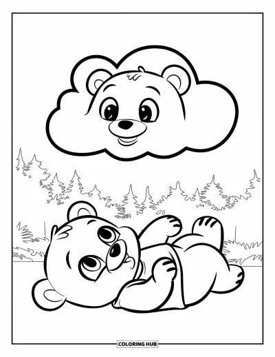Bärenbaby-Ausmalbild für Kinder: Ein Bärenbaby im Hemd liegt auf dem Rücken und schaut eine lächelnde Wolke an