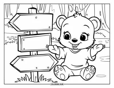 Bärenbaby-Ausmalbild für Kinder: Ein Bärenbaby im Hemd sitzt neben einem Holzwegweiser mit Pfeilen
