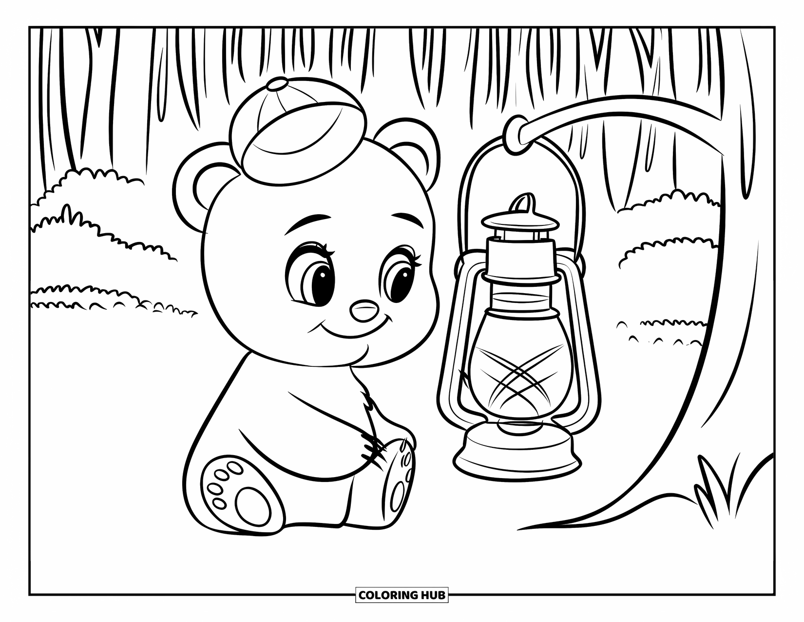 Baby Bear Coloring Page for Kids: A baby bear in a small hat sits beside a lantern hanging on a tree