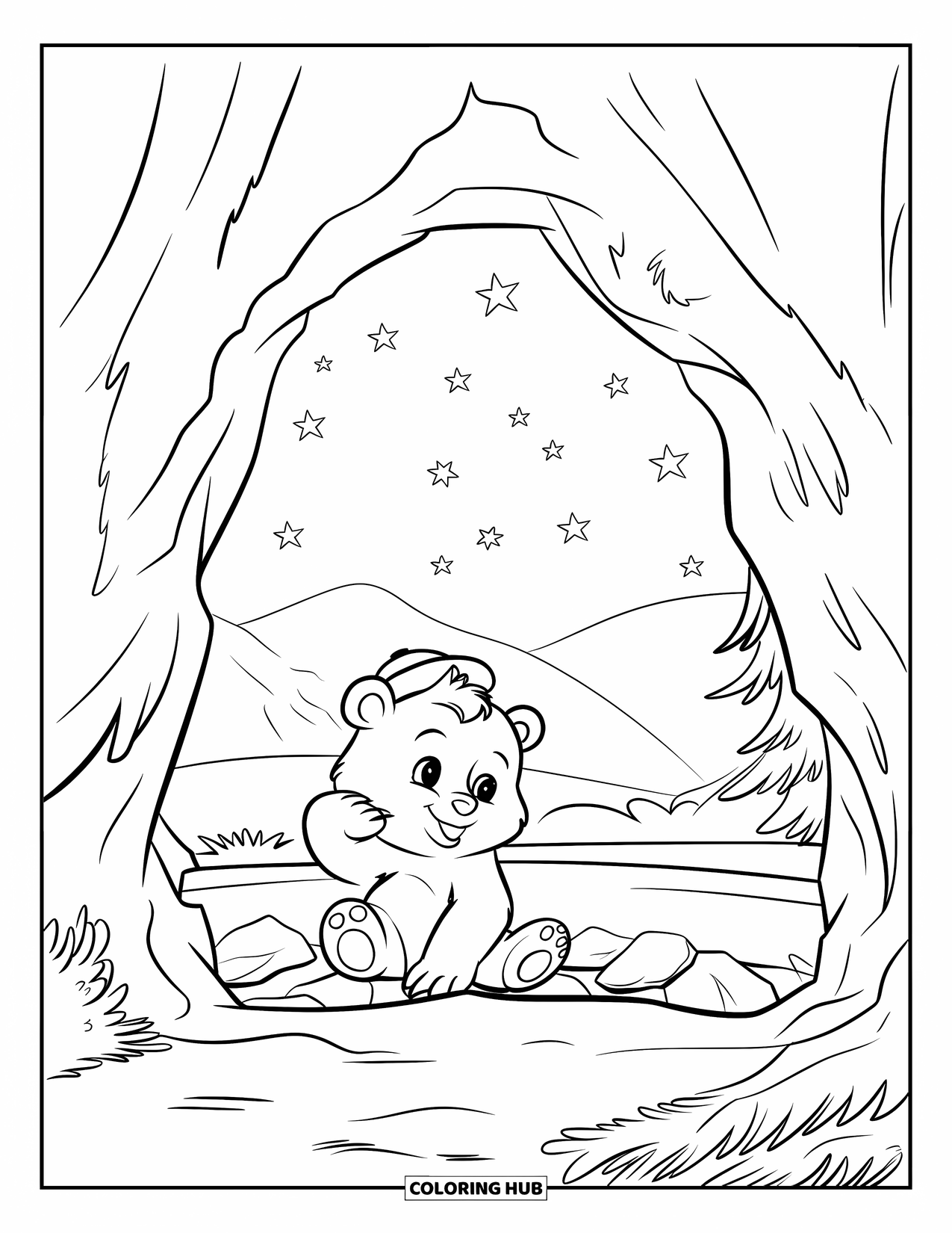 Baby Bear Coloring Page for Kids: A baby bear in a small hat stargazes from a den with mountains beyond