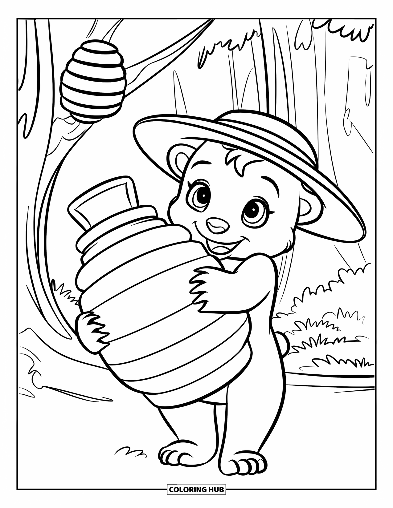 Baby Bear Coloring Page for Kids: A baby bear in a straw hat holds a honey jar near a hive