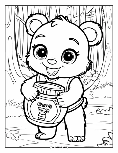 Bärenbaby-Ausmalbild für Kinder: Ein Bärenbaby in einer Weste hält ein Honigglas mit der Aufschrift "Honey's Honey"