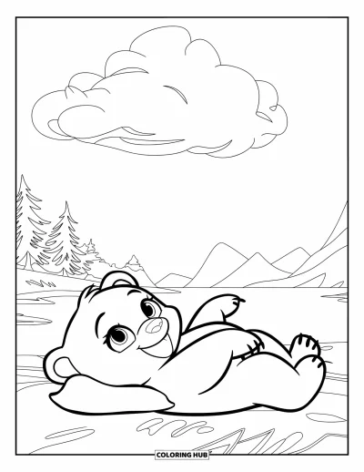 Bärenbaby-Ausmalbild für Kinder: Ein Bärenbaby liegt auf dem Rücken und beobachtet eine Wolke in einem ruhigen Wald