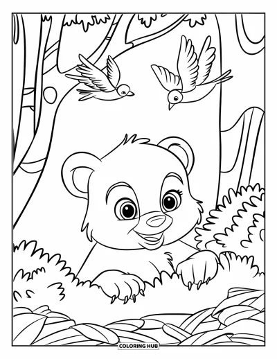 Bärenbaby-Ausmalbild für Kinder: Ein Bärenbaby lugt aus einem Busch hervor, während Vögel oben fliegen
