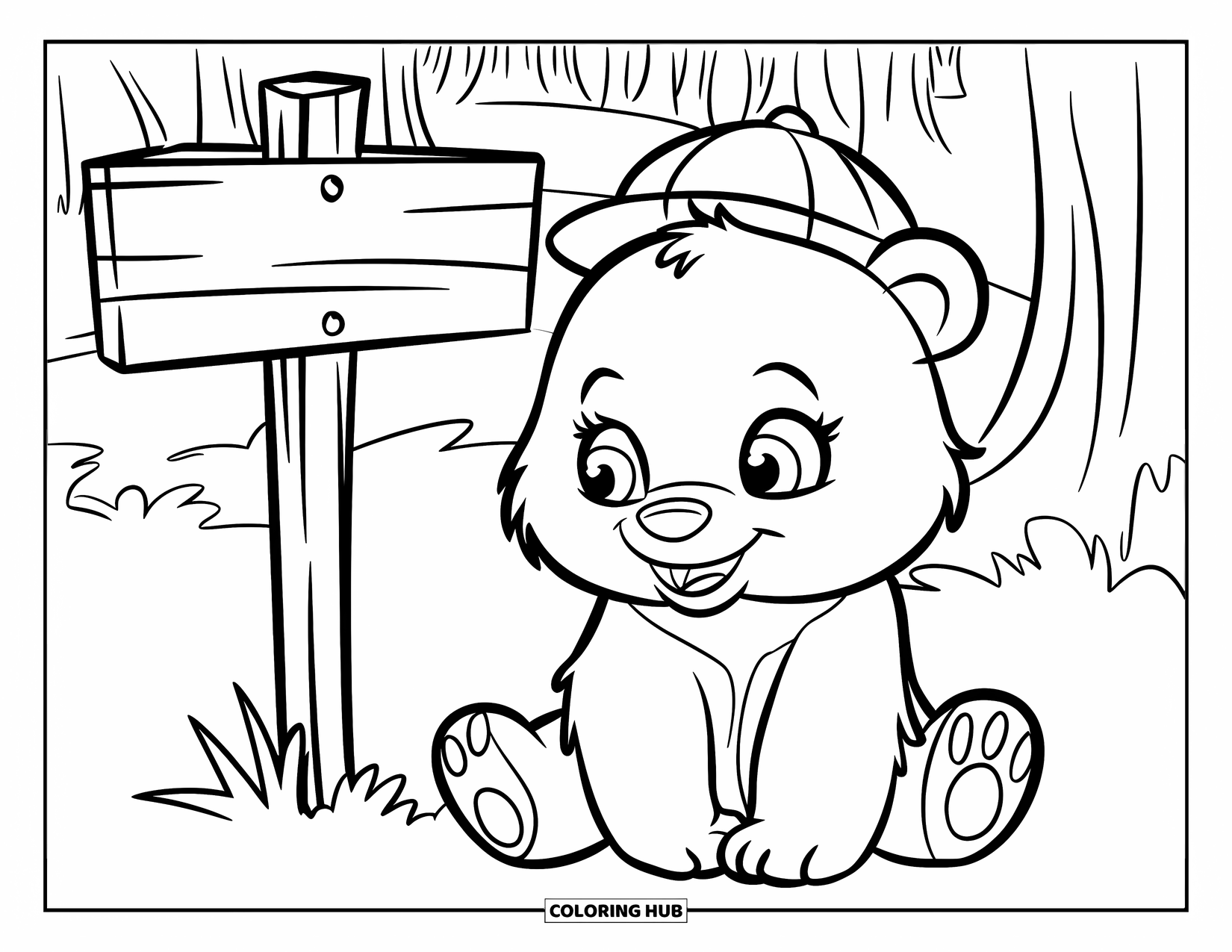 Baby Bear Coloring Page for Kids: A baby bear sits near a wooden signpost in a quiet forest clearing