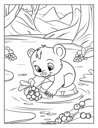 Bärenbaby-Ausmalbild für Kinder: Ein Bärenbaby sitzt auf einem Stein und pflückt Beeren neben einem plätschernden Bach