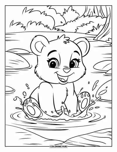 Bärenbaby-Ausmalbild für Kinder: Ein Bärenbaby klatscht mit den Pfoten ins Wasser eines Waldbaches