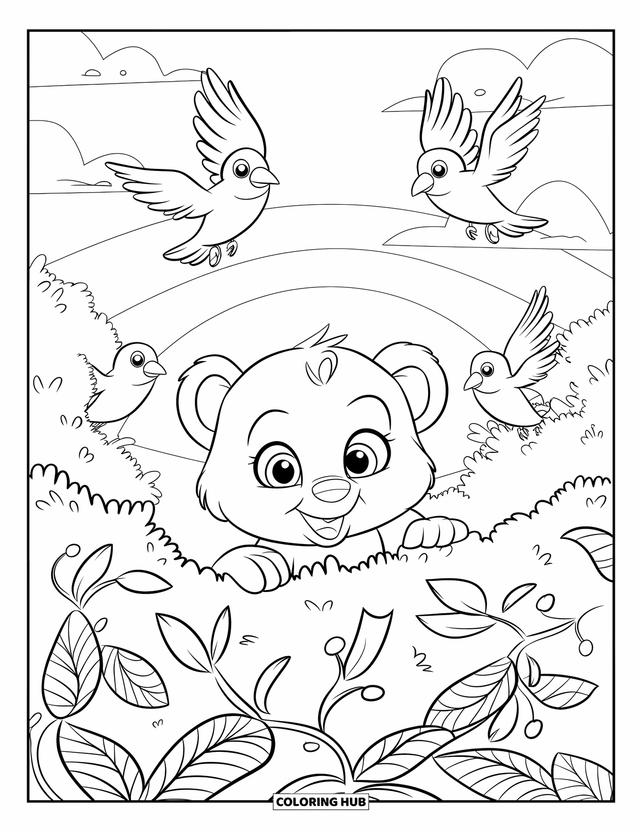 Baby Bear Coloring Page for Kids: A baby bear with fluffy fur peeks out of a bush under flying birds