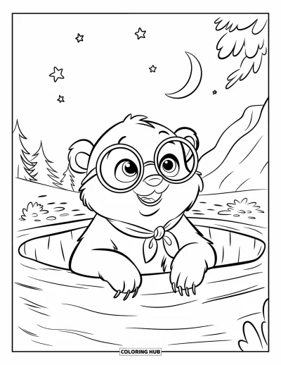 Bärenbaby-Ausmalbild für Kinder: Ein Bärenbaby mit Brille und Schal beobachtet Sterne vom Eingang einer Höhle aus