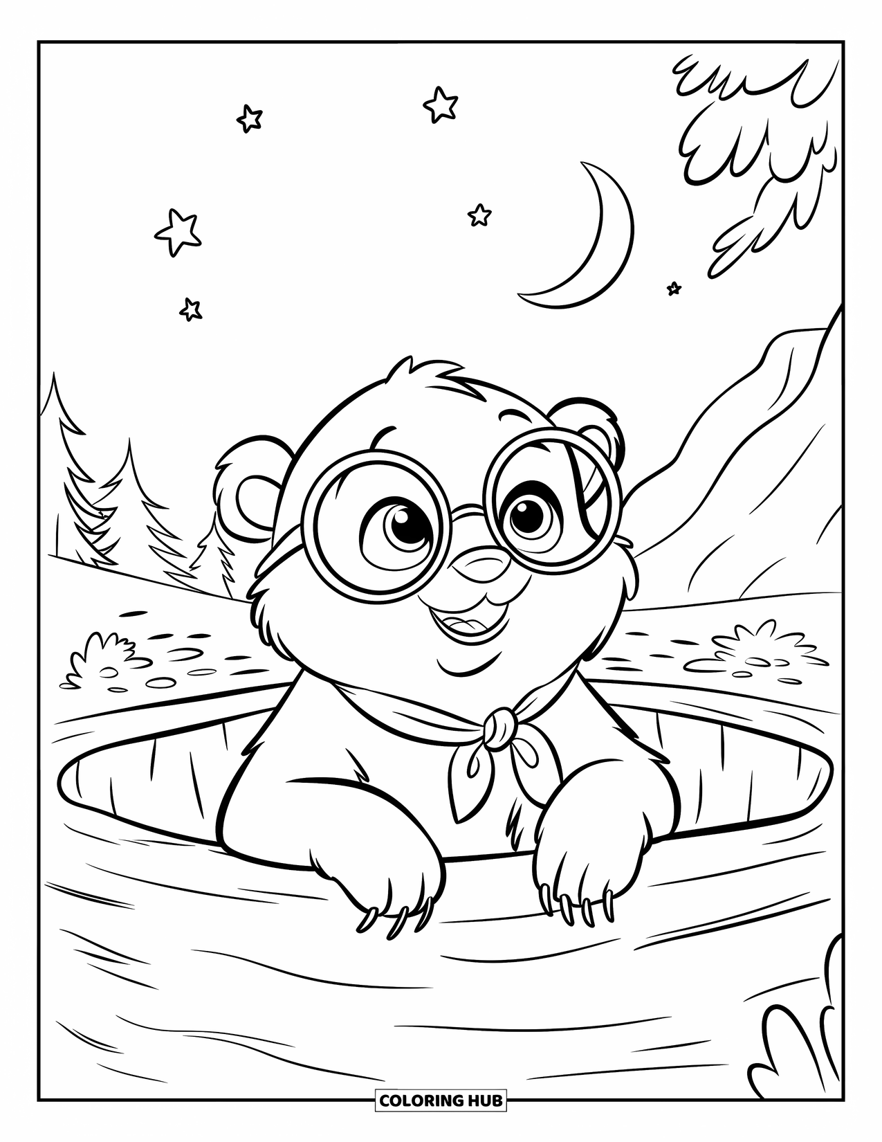 Baby Bear Coloring Page for Kids: A baby bear with glasses and a scarf stargazes from the mouth of a den