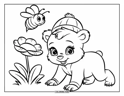 Bärenbaby-Ausmalbild für Kinder: Ein Bärenbaby mit runden Augen krabbelt zu einer Blume, während eine Biene summt