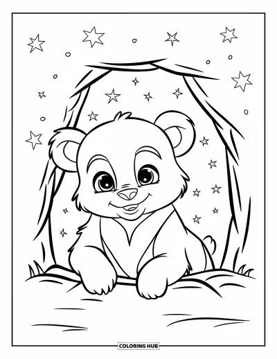 Bärenbaby-Ausmalbild für Kinder: Ein flauschiges Bärenbaby sitzt am Eingang einer Höhle unter einem Sternenhimmel