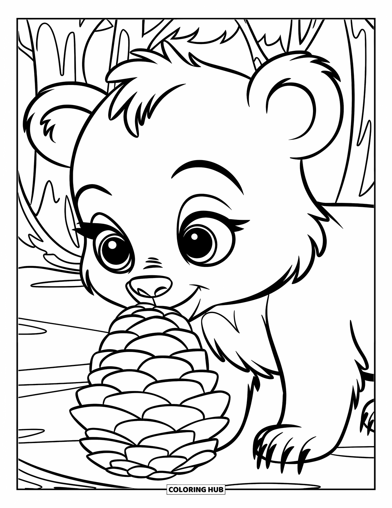 Baby Bear Coloring Page for Kids: A fluffy baby bear with round eyes sniffs a pinecone in the forest