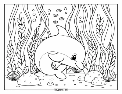 Delfinbaby-Ausmalbild für Erwachsene: Ein Baby-Delfin rollt sich friedlich zwischen sanften Kelp-Strähnen und zarten Unterwasserdetails ein