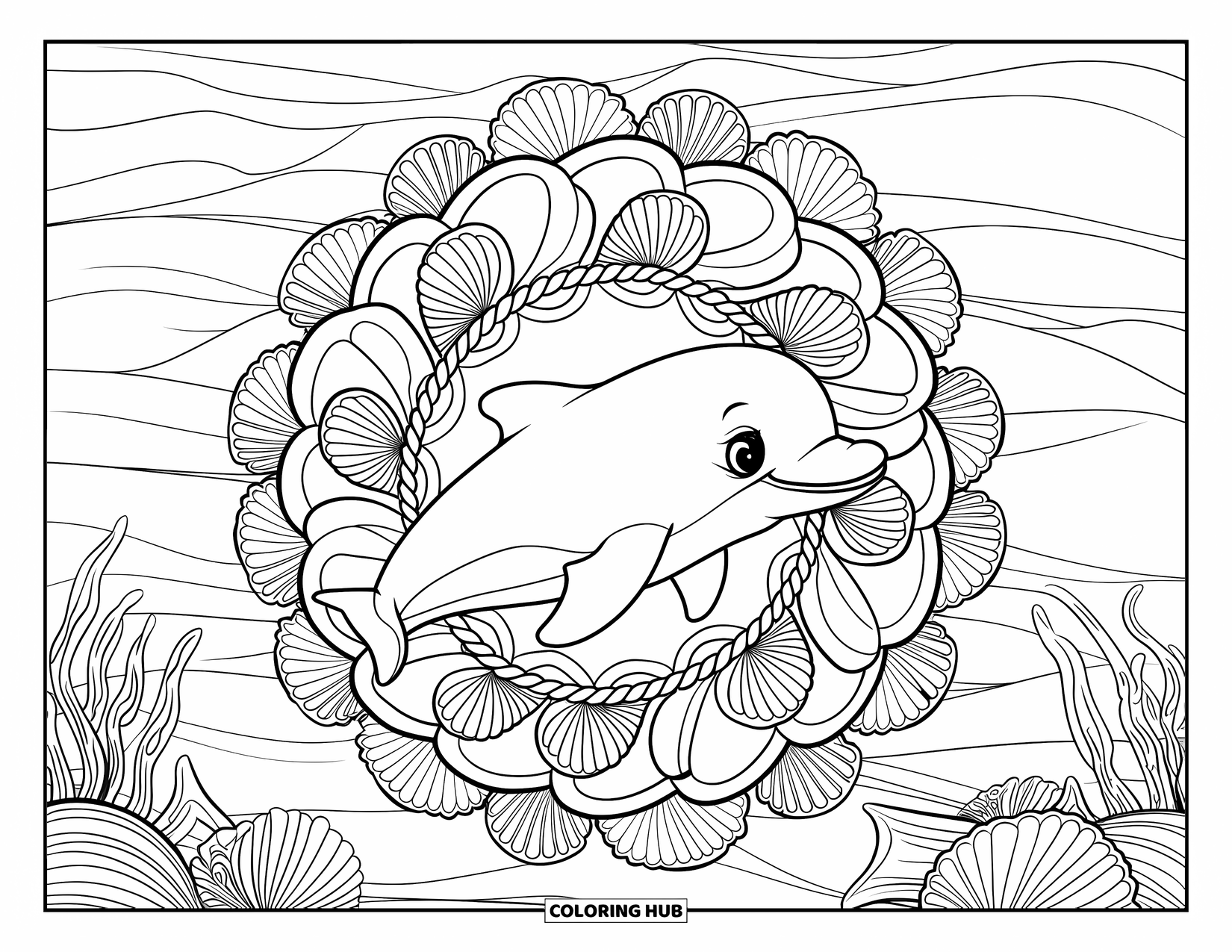 Baby Dolphin Coloring Page for Adults: A baby dolphin floats inside a mandala of seagrass loops, clamshells, and ocean textures