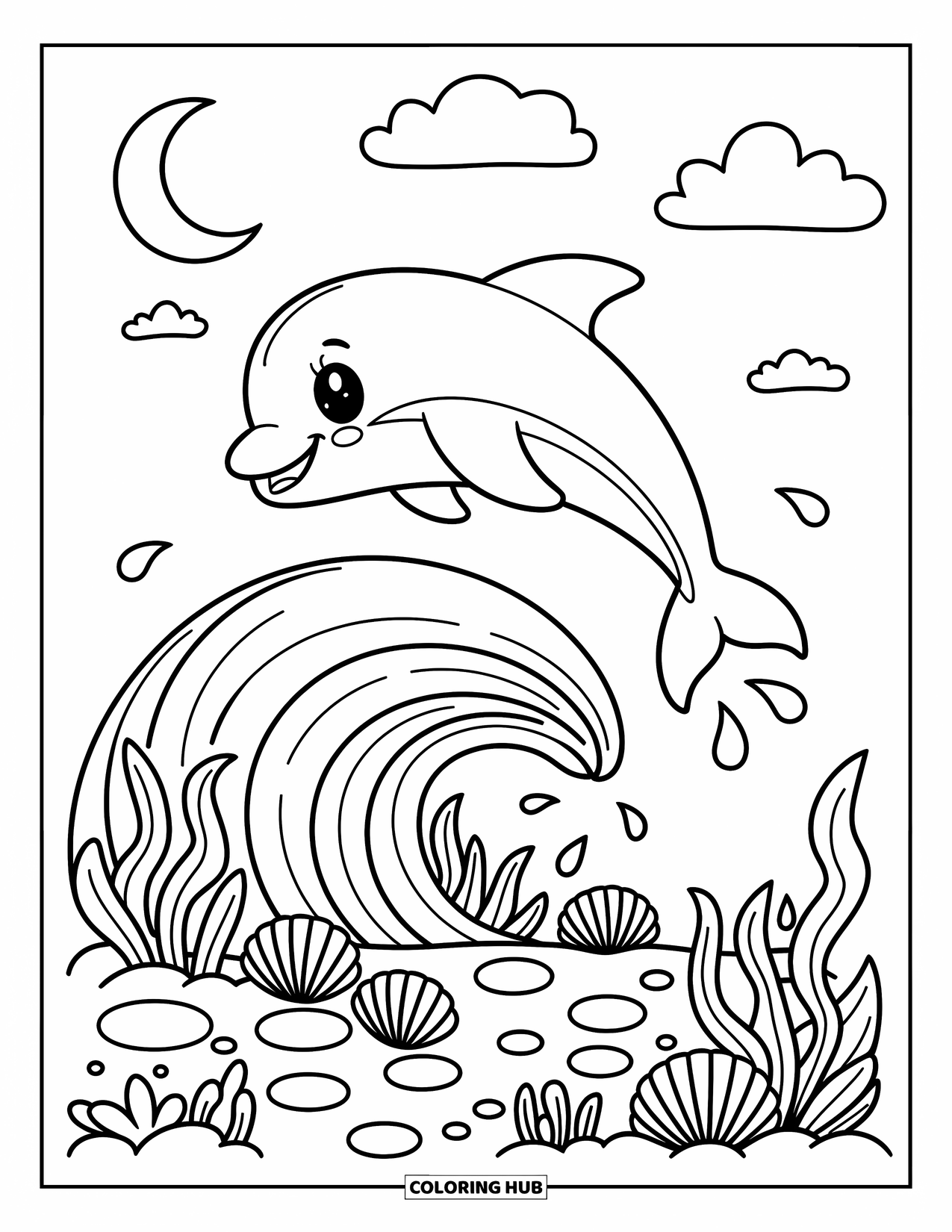 Baby Dolphin Coloring Page for Adults: A baby dolphin leaps over a gentle wave under the moon and soft clouds