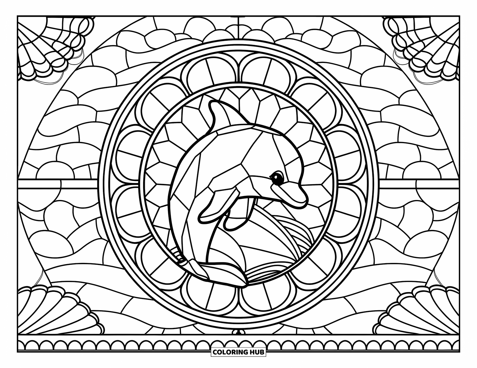 Baby Dolphin Coloring Page for Adults: A baby dolphin rests at the center of a stained glass ocean with seashell corners