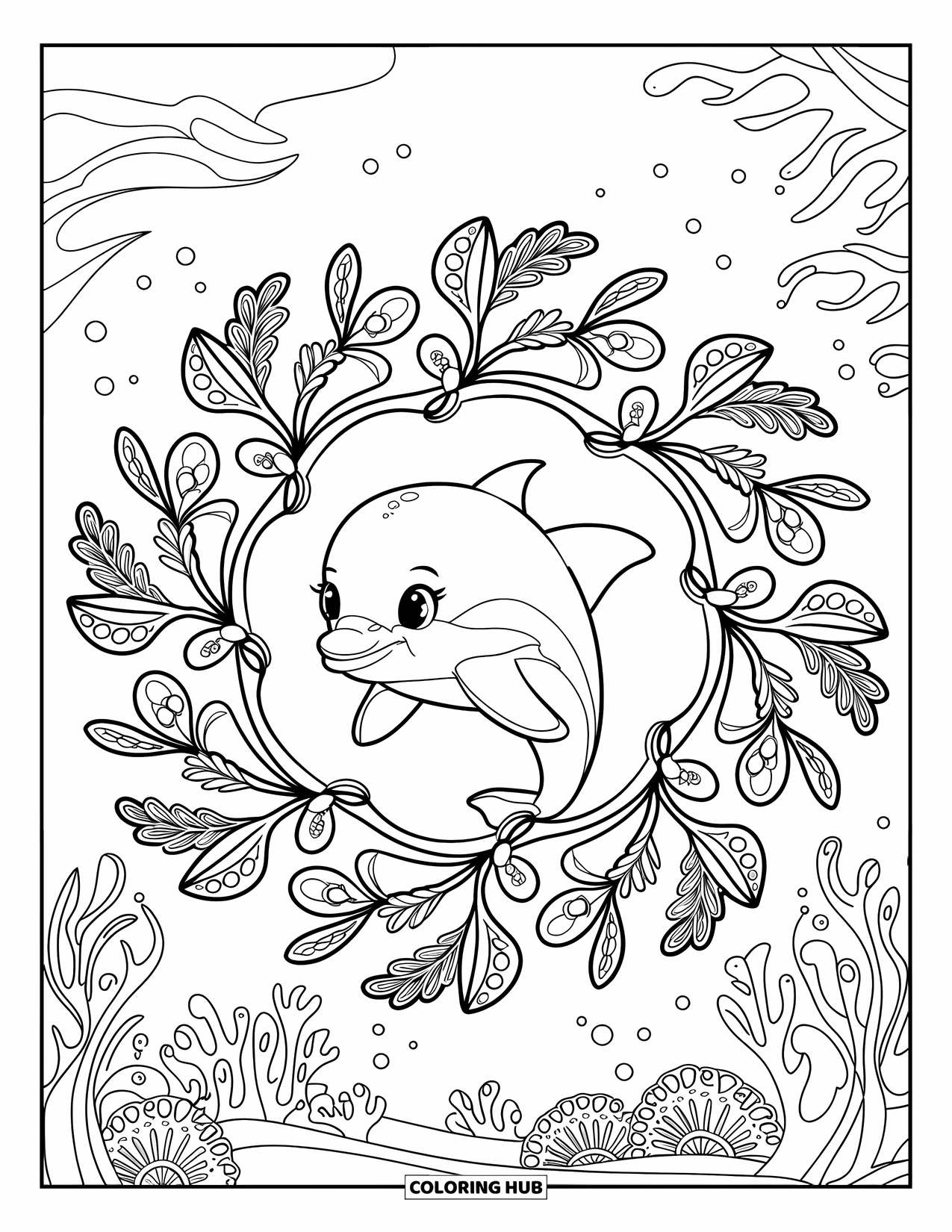 Baby Dolphin Coloring Page for Adults: A baby dolphin rests in a mandala of coral branches and swirling seaweed