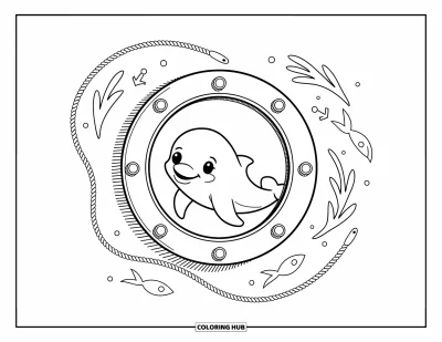 Delfinbaby-Ausmalbild für Erwachsene: Ein neugieriger Delfin schaut durch ein Bullauge, gerahmt von Ankern, Seilen und wirbelnden Fischspuren