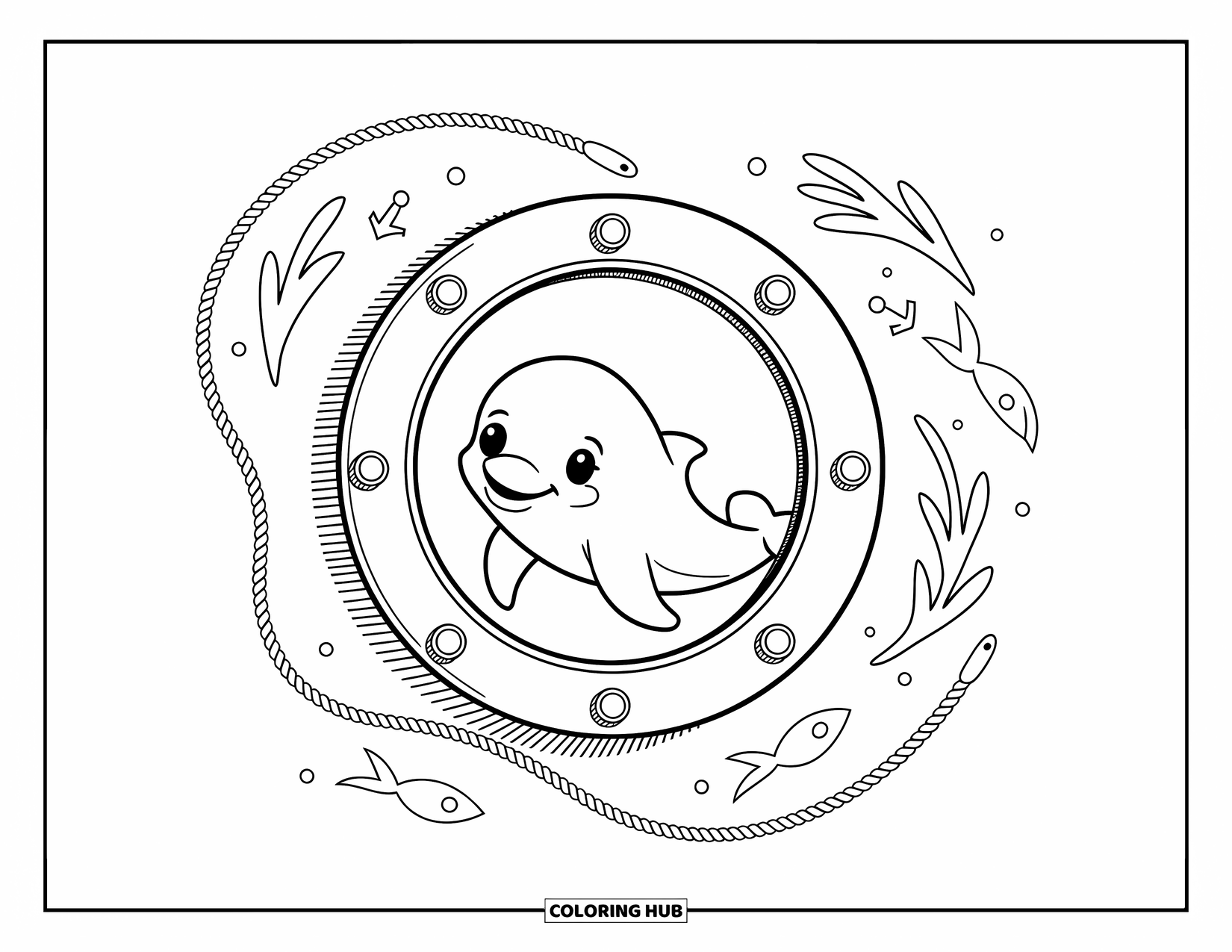 Baby Dolphin Coloring Page for Adults: A curious dolphin looks through a porthole framed by anchors, rope, and swirling fish trails