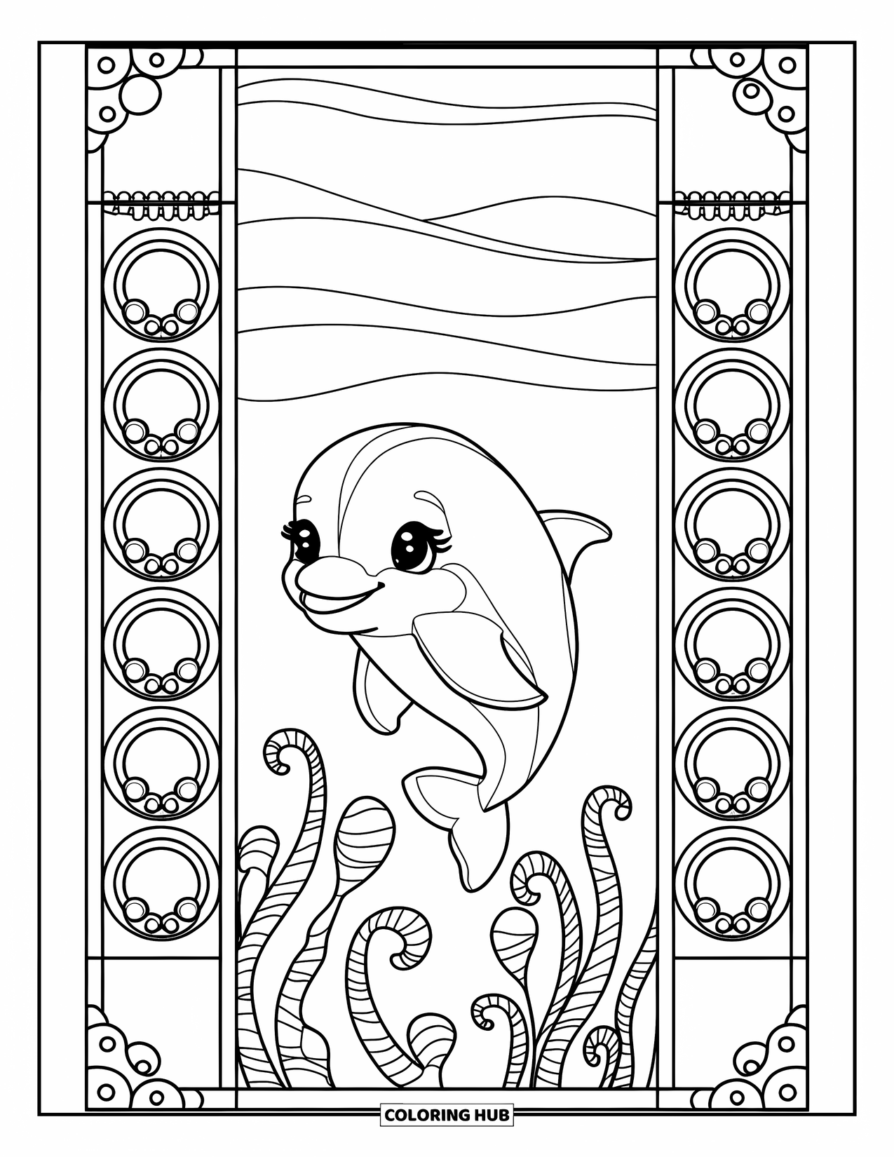Baby Dolphin Coloring Page for Adults: A dolphin floats in a tall stained glass frame with bubble clusters and kelp curls