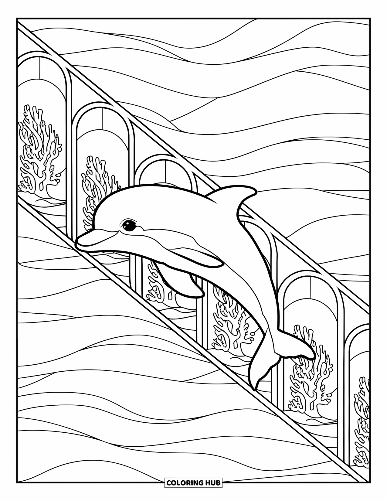Baby Dolphin Coloring Page for Adults: A dolphin glides across a diagonal stained glass layout with coral arches and waves