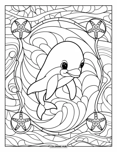 Delfinbaby-Ausmalbild für Erwachsene: Ein Delfin wird von einem Buntglasfenster aus geschwungenen Wellen und Seesternrändern gerahmt