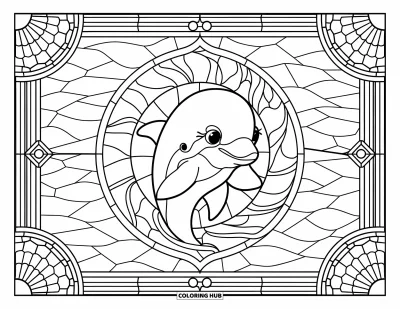 Delfinbaby-Ausmalbild für Erwachsene: Ein Delfin wird von geometrischen Meereswellen und Muschelecken im Buntglasstil gerahmt