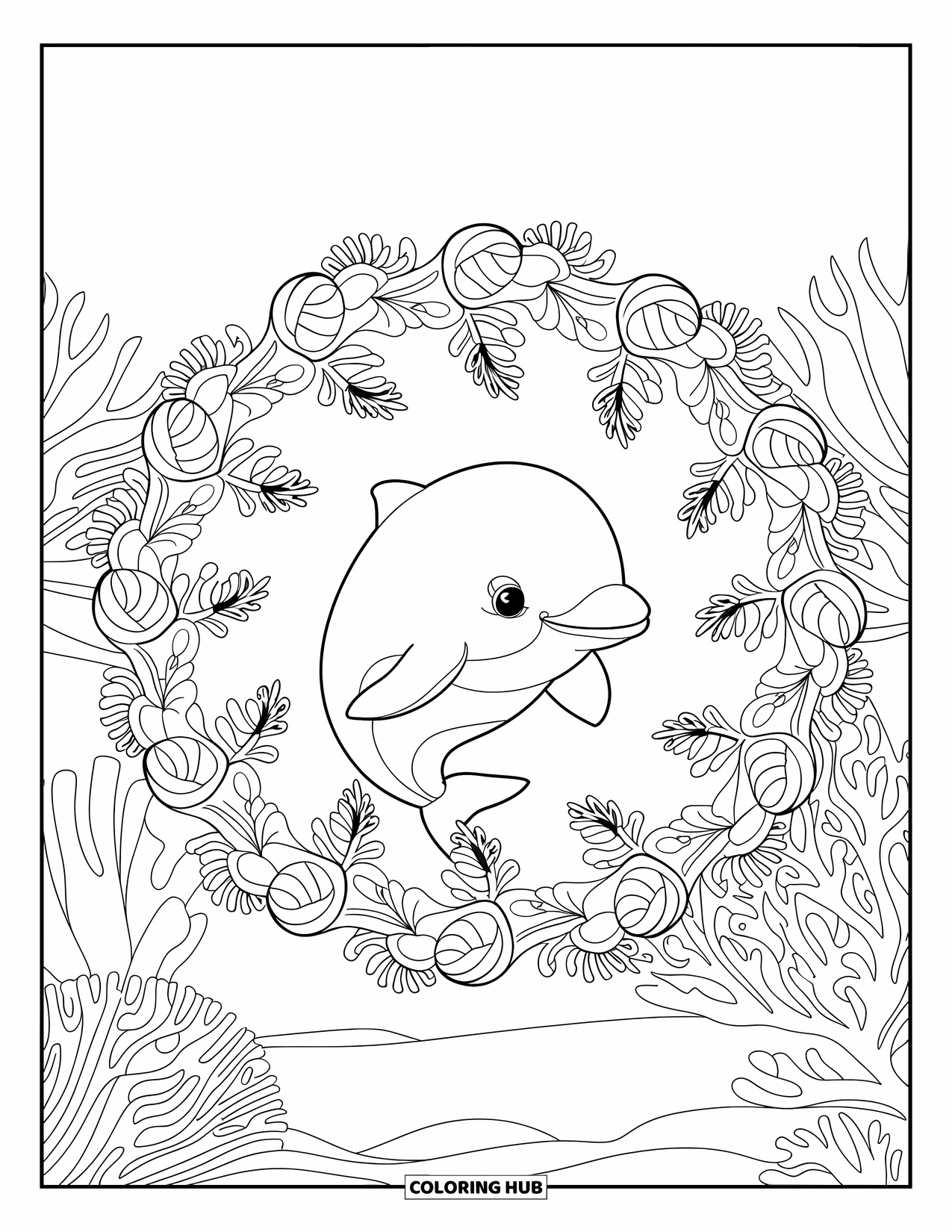 Baby Dolphin Coloring Page for Adults: A dolphin is nestled in coral and seaweed mandala swirls with bold, clean outlines